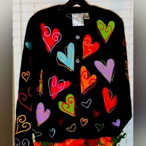 Women's Michael Simon Lite Black Button Down Cardigan With Colored Hearts Size L